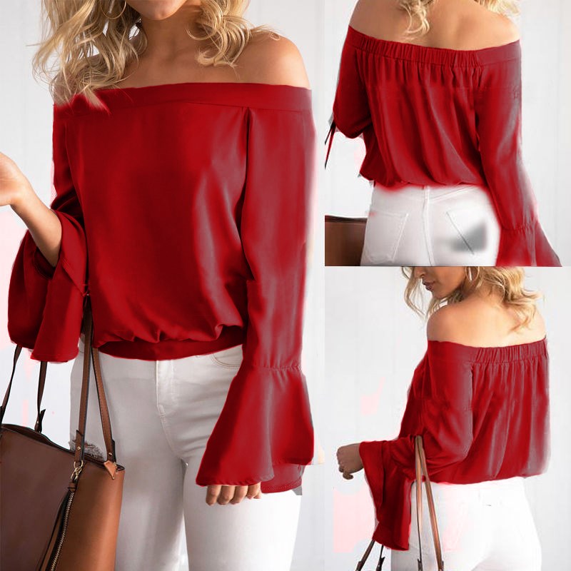 Celmia Plus Size 3XL Women Sexy Off Shoulder Chiffon Blouse Vintage Casual Solid Flare Long Sleeve Tops Shirt 2018 Summer Blusa aeProduct.getSubject()