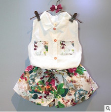 Kids girls summer 2016 new Korean children big virgin two – piece summer floral sleeveless shirt + shorts suit short pants