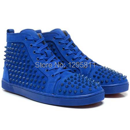 Red Bottom Men Shoes LOUIS SPIKES HIGH TOP BLUE SUEDE FLAT ...