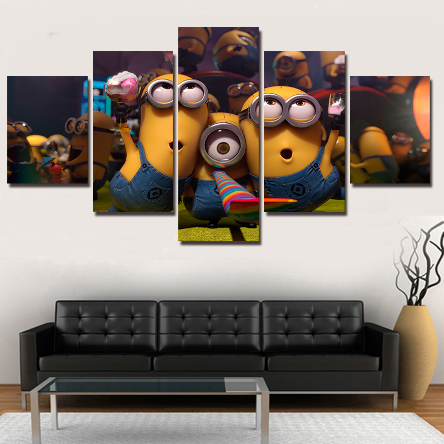 5 Panel Modern Printed Little Yellow People Hand Painted Canvas Paintings Wall Art Picture Canvas For Living Room No Frame