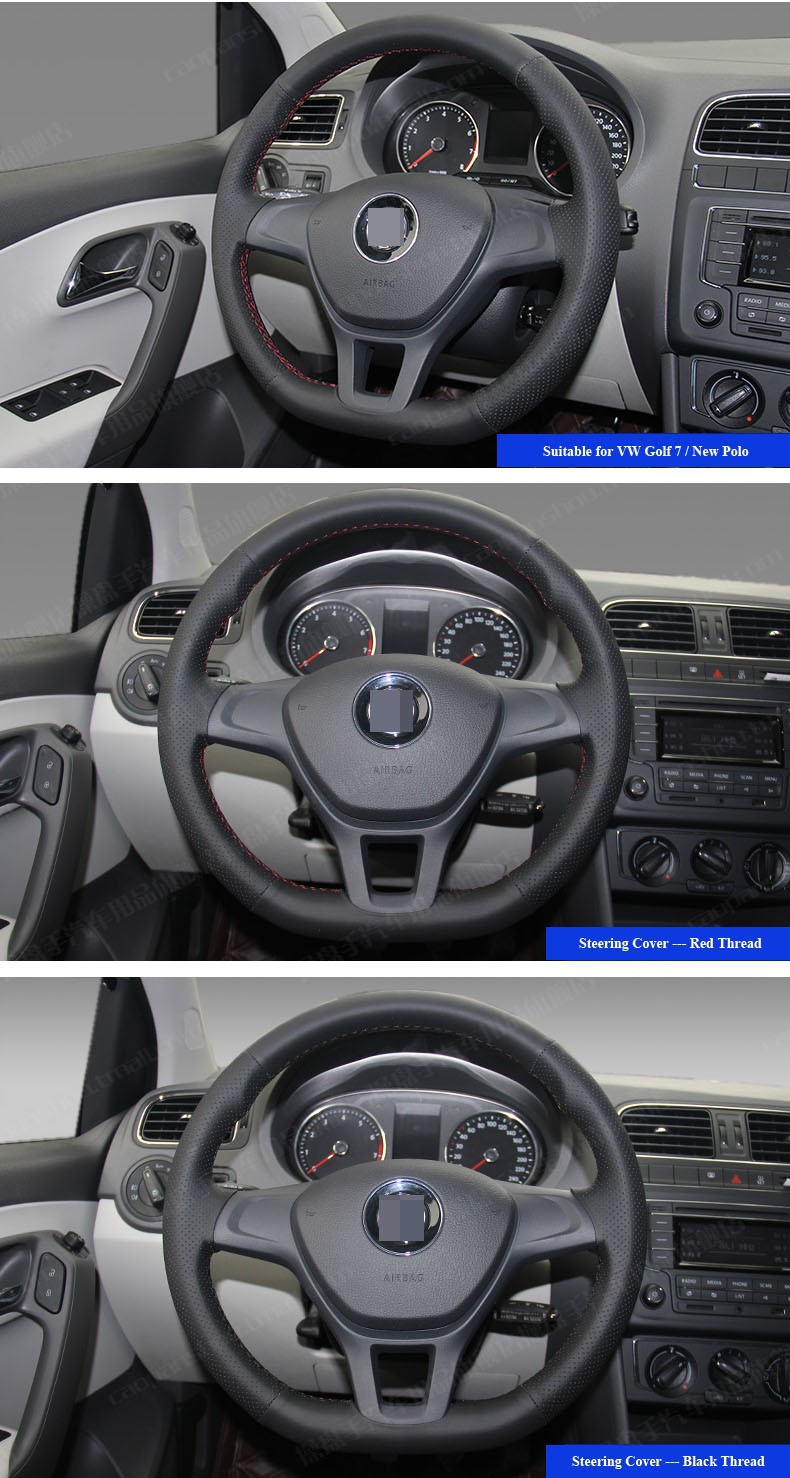 for Volkswagen VW Golf 7 Mk7 New Polo 2014 2015 Leather Steering Wheel Cover Black Red Thread