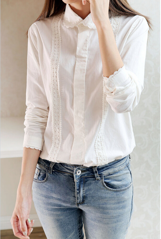 Pure white cotton lace side women shirts blouses 2...