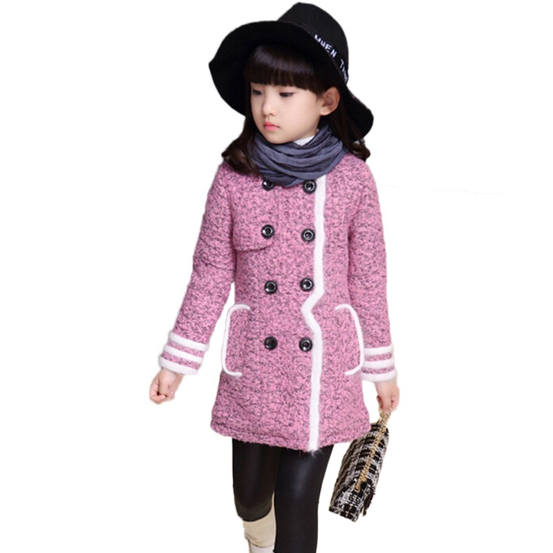 Buenos Ninos 2015 Korean Fashion Girls Winter Woolen Coats Children Kids Patchwork O-Neck Double-Breasted Long Rosy Outerwear