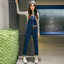 Shot in the spring of 2016 new Korean loose Denim Bib fashion pocket Jumpsuit female students