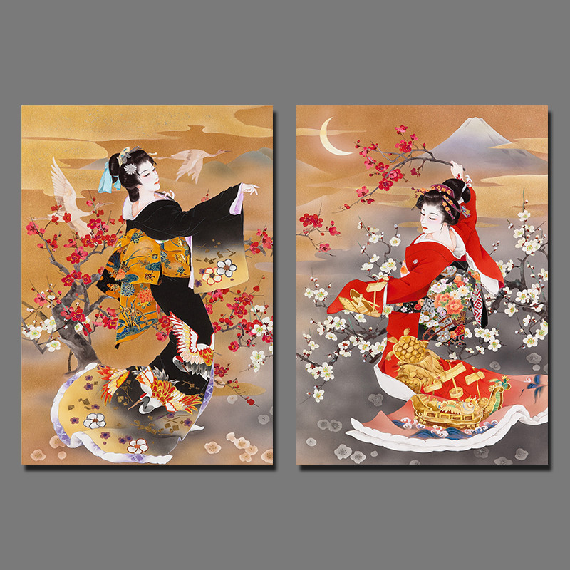 Black Red Kimono lady Japan style pictures decoration Plum flower Canvas Painting wall Art hanging Japanese living room unframed