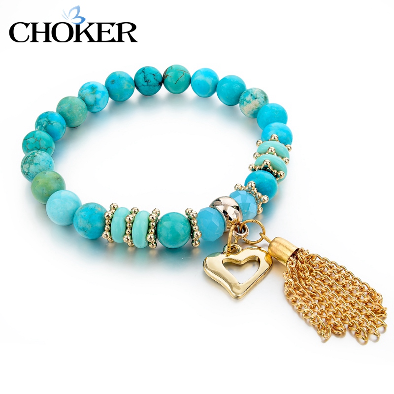 Blue Handmade Charm Crystal Natural Stone Bracelets For Women Turquoise Bracelets & Bangles Gold Filled Tessal Jewelry SBR150343
