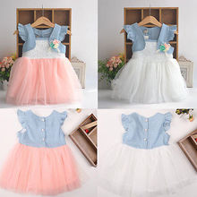 Baby Girls Kids Party Flower Denim Tulle Stitching False Two-piece Dresses New Arrival