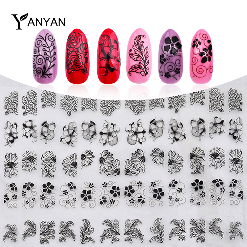 3D Black Flowers Nail Stickers 108pcs sheet Top Quality Metallic Mix Design Nail Decals DIY Beauty