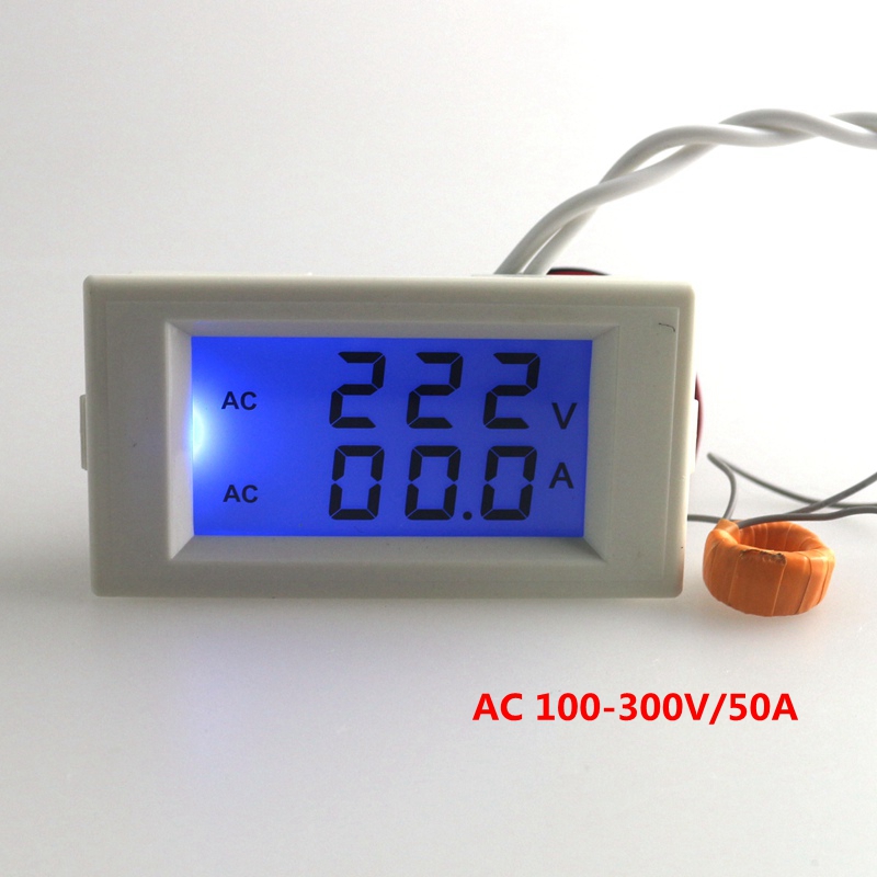 Free Shipping Blue LCD Digital AC voltmeter ammeter  AC 100-300V volt Voltage Meter Current ampere Panel Meter AC 0-50A