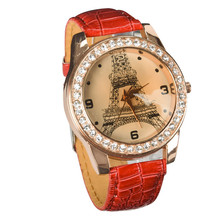 lackingone relojes mujer 2015 Fashion relogio feminino Eiffel Tower Crystal Leather Band Woman Girl Quartz Watch
