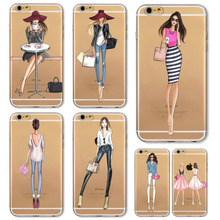 Girl Dress Shopping Fashion Phone Bag For iPhone 4 4S 5 SE 5S 6 6S 6(s)Plus Transparent Soft TPU Modern Sexy Girls Case Cover
