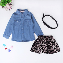 2016 New Kids Summer Clothes Europe Fashion Girls Clothing Set Denim Blouse+Leopard Skirt+Belt Three-Pieces Suits Ropa De Nnas
