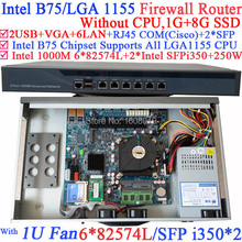 mikrotik hotspot 1U network router server with Six 1000M 82574L Gigabit NIC two intel i350 SFP fiber ports NO CPU 1G RAM 8G SSD