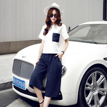 Summer Women’s Suits 2016 Europe Fashion Linen Fabrics Short Sleeve Blouse Tops + Wide Leg Pants Casual Loose 2 Piece Set 8088