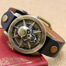 Skull Black Leather Band Anqique Men Watch B2413