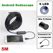 6 LED 5 5mm Lens Android Endoscope Waterproof Inspection Borescope Tube Camera 5M Length