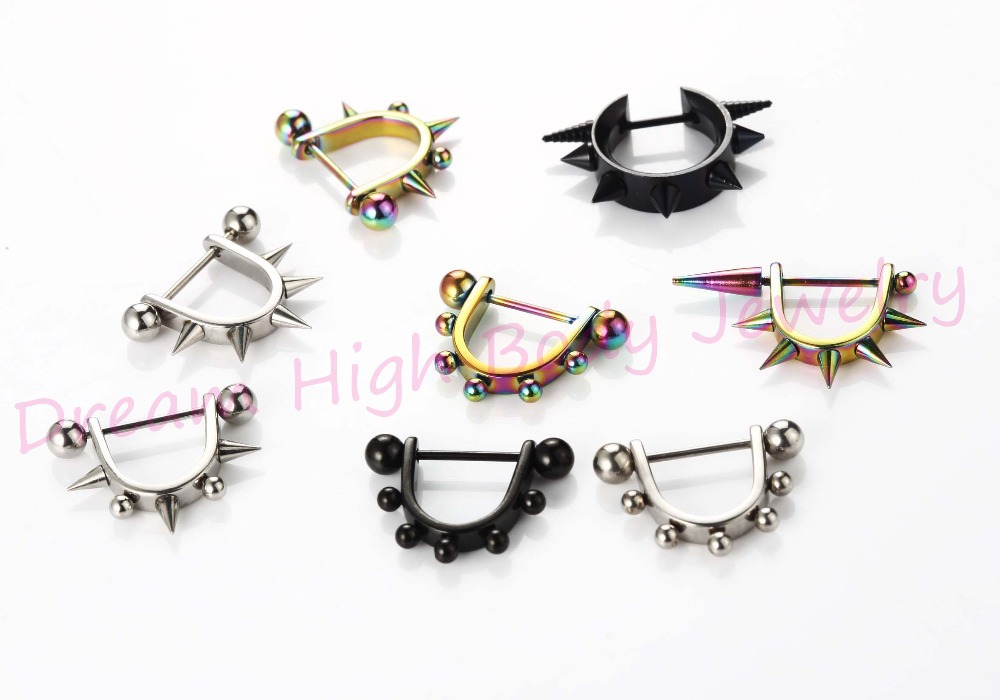 316L Stainless Steel Circle Nipple Ring Shield Bar Body Jewelry Piercing Barbell Mixed Styles Cone Ball Steel Black Rainbow Punk