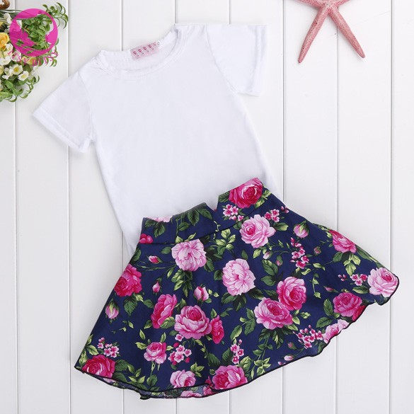 2016 New Fashion Girl Kids T shirt Skirt Set Short Sleeve O Neck Casual White Tops