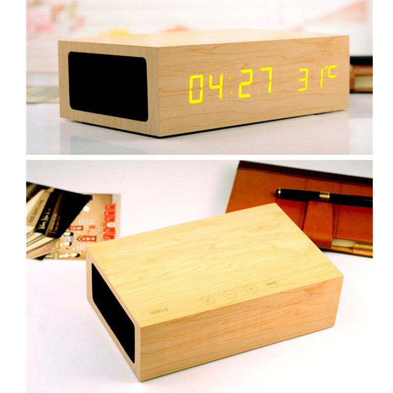 Original Wooden Bluetooth Speaker Alarm Clock Stereo Wireless Speaker LED Display+NFC+USB Charger+Handsfree MP3 Player