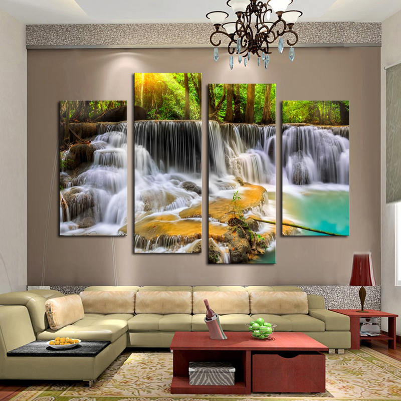 Unframed 4 panel The Waterfall With Tree Large HD Picture Decorative Art Print Painting On Canvas For Living Room Wall HD Print