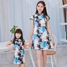 2016 new mother and daughter dress family set chinese flowers slim fit cheongsam dress women vintage clothes dresses for gitls