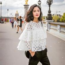 Summer 2016 Fashion New Female Elegant White Lace Hollow Out Jacket Leisure Ruffle Collar Shirt