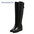 Full Grain Leather Buckle Over the Knee Boot 2017 Winter Short Plush Square Heel Black High
