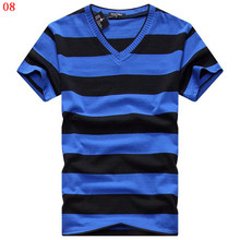 2016 mens V-neck T-shirt men’s short sleeve T-shirt men’s cotton t shirts gym striped tshirt free shipping