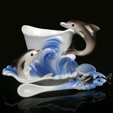 Festival Gift painting creative cup Bone China 3D Color Emamel Porcelain animal dolphin mug saucer spoon