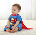 Free Ship Fashion Long Sleeve Superman Romper with Dress Smock Baby Boy Girl One Piece Animal