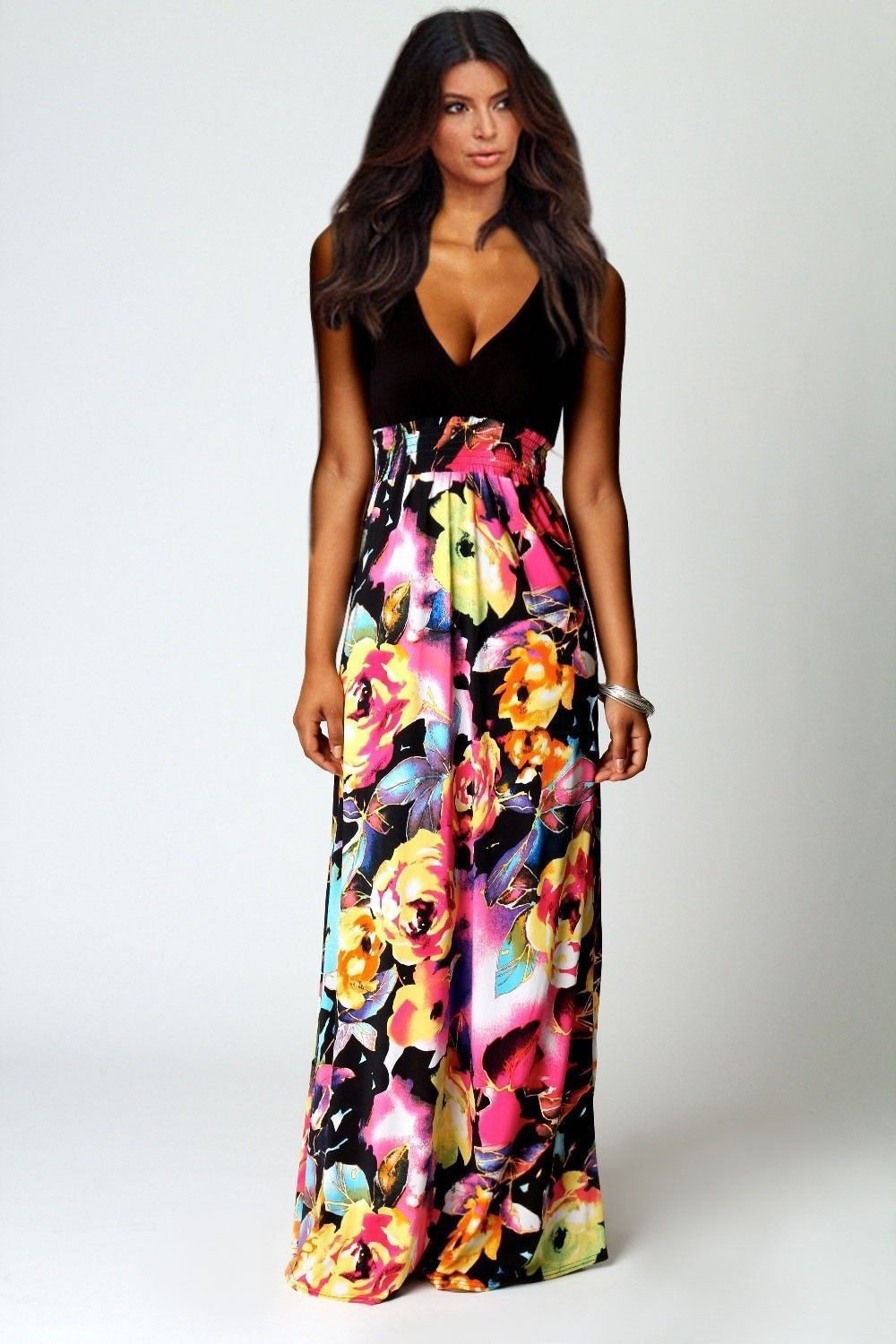 Women Maxi Dress Summer Dress 2015 Deep V-neck Sleeveless Floral Printed Dress Princess Dresses robe longue femme (6)