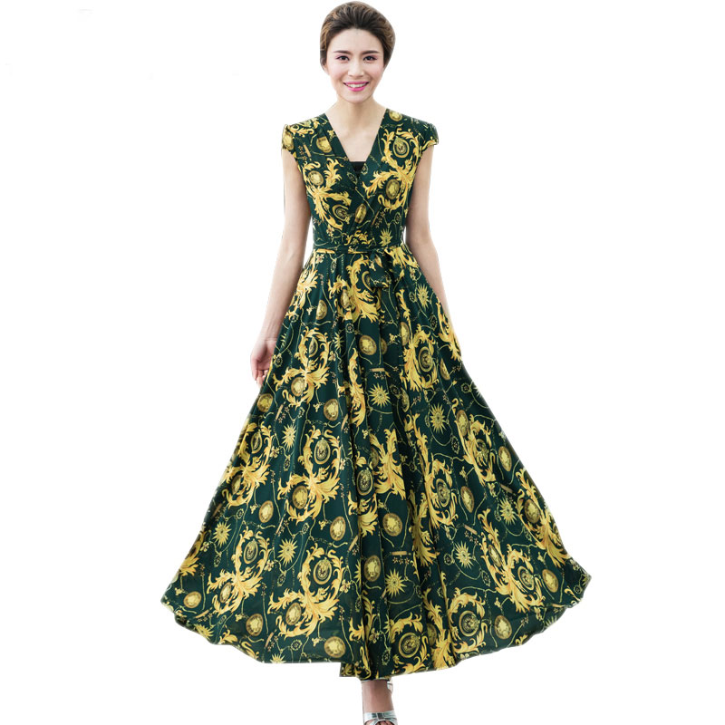 Womens Summer Dresses 2016 Summer Maxi Chiffon Print Dress Plus Size V-Neck Floral Print Army Green Vestidos Femme 2099