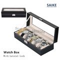 Free Shipping Lateral Lock 6 Grids Brand Watch Box Black Leather Display Box With Key Watch