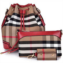Free Shipping 2016 Plaid Canvas Women’s Backpacks European and American Style Composite bags=3pcs Black+White+Red Color ACC177