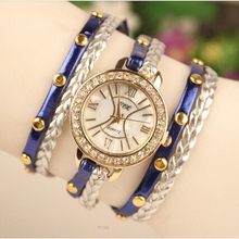 Elegante de múltiples capas del remache mujeres correa de cuero reloj de moda de nueva marca romano Numbera reloj completo Rhinestone reloj de cuarzo reloj