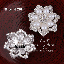 200pcs/lot 40MM 2Color Handmade Flower Shape Clear Pearl Flatback Crystal Decorative Rhinestone Button For Wedding Embellishment