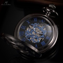 KS Brand Retro Blue Roman Skeleton Relogio De Bolso Men Hand Wind Mechanical Watch Necklace Clock