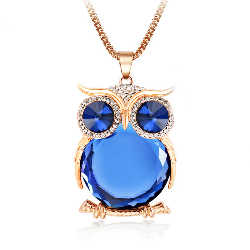 8 Colors Trendy Owl Necklace Fashion Rhinestone Crystal Jewelry Statement Women Necklace Silver Chain Long Necklaces