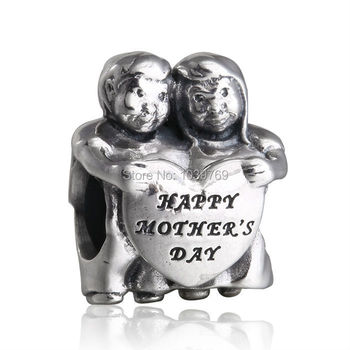 Enfants heureux fête des mères Charm perles convient Pandora Bracelets authentique 925 Sterling argent perles enfants bricolage bijoux cadeaux