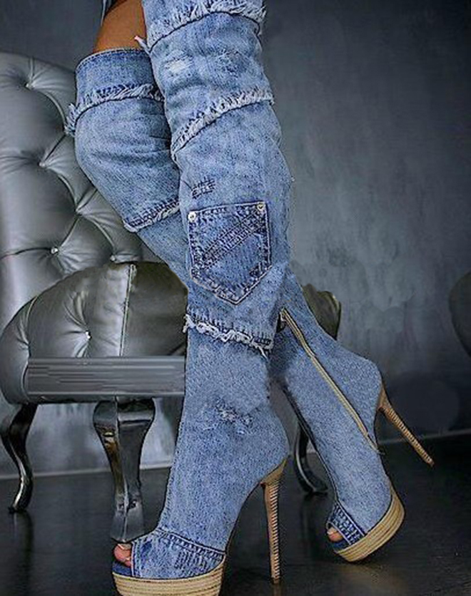 denim thigh boots