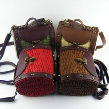 Baroque street magazine model vintage leather+straw bag women messenger bag woven box makeup bag dining bags phone package B16