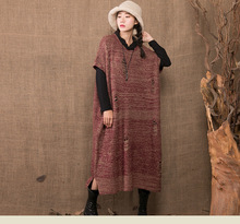 2015 Fall Winter Women Plus Size Long Pullover Sweater Dress Vintage Hole Loose Bat Short Sleeve Maxi Knitted Sweater Dress Robe