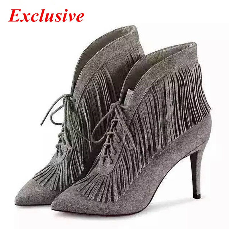 England fringed Ankle boots 2015 latest autumn winter Explosion models temperament Duantong women's boots Gray Scrub short plush