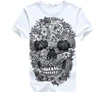 Hot sale 2015 Summer Fashion E-Baihui Skull Print Slim Fit Short Sleeve Tshirt Casual O-Neck Fitness T-shirt Men Clothing