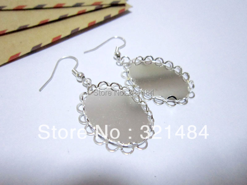 Silver plated 100pcs=50pair 18*25mm cameo base earring findings bezel blank jewelry diy accessories with hook for bead making