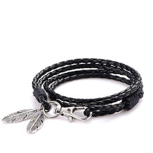 Black PU Leather Men Bracelet Silver Feather Accessories Fashion Jewelry Man Bracelet For Wristband Male Charm