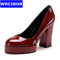 WRCIBOR Brand 2017 High quality Womens Genuine leather Round Toe Thick Heels Platform Pumps Women Patent