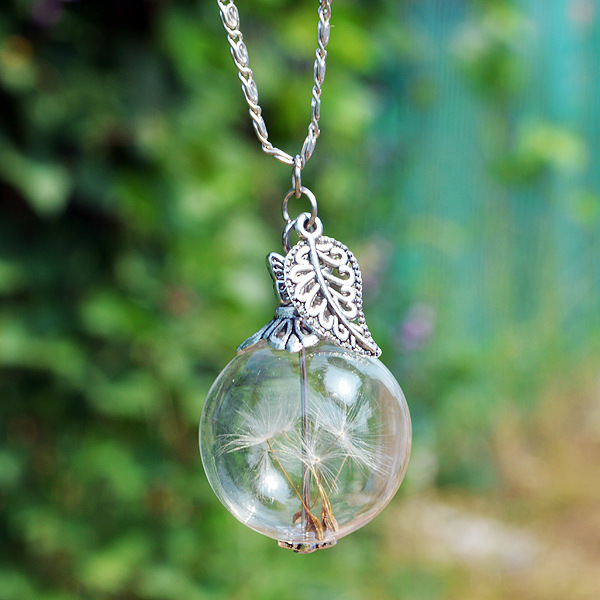 Dandelion Seeds Wish Pendant Leaf Butterfly Glass Ball Maxi Necklace Wedding Engagement Jewelry Birthday Gift