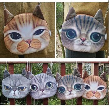 Большой 3D киска кот лицо голова напечатаны плеча сумку сумочка кошелек сумка цепи