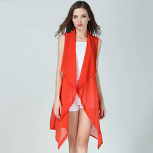 2016 Summer Women Solid Gauze Blouses Chiffon Kimono Long Cardigan Sleeveless Coat Jacket Blousas Tops Cover Up CSA126